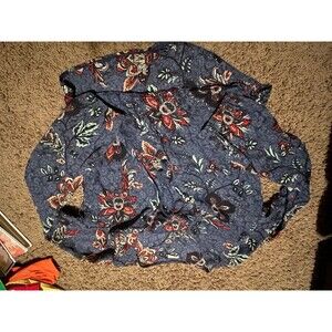 Hollister Women's Blouse Size Medium Blue Floral V-Neck Long Sleeve